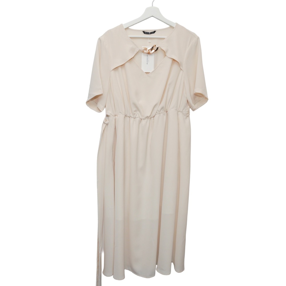 BloomChic Midi Dress Womens Size 12 Cream Chain Neck Elastic Waist Tie Belt